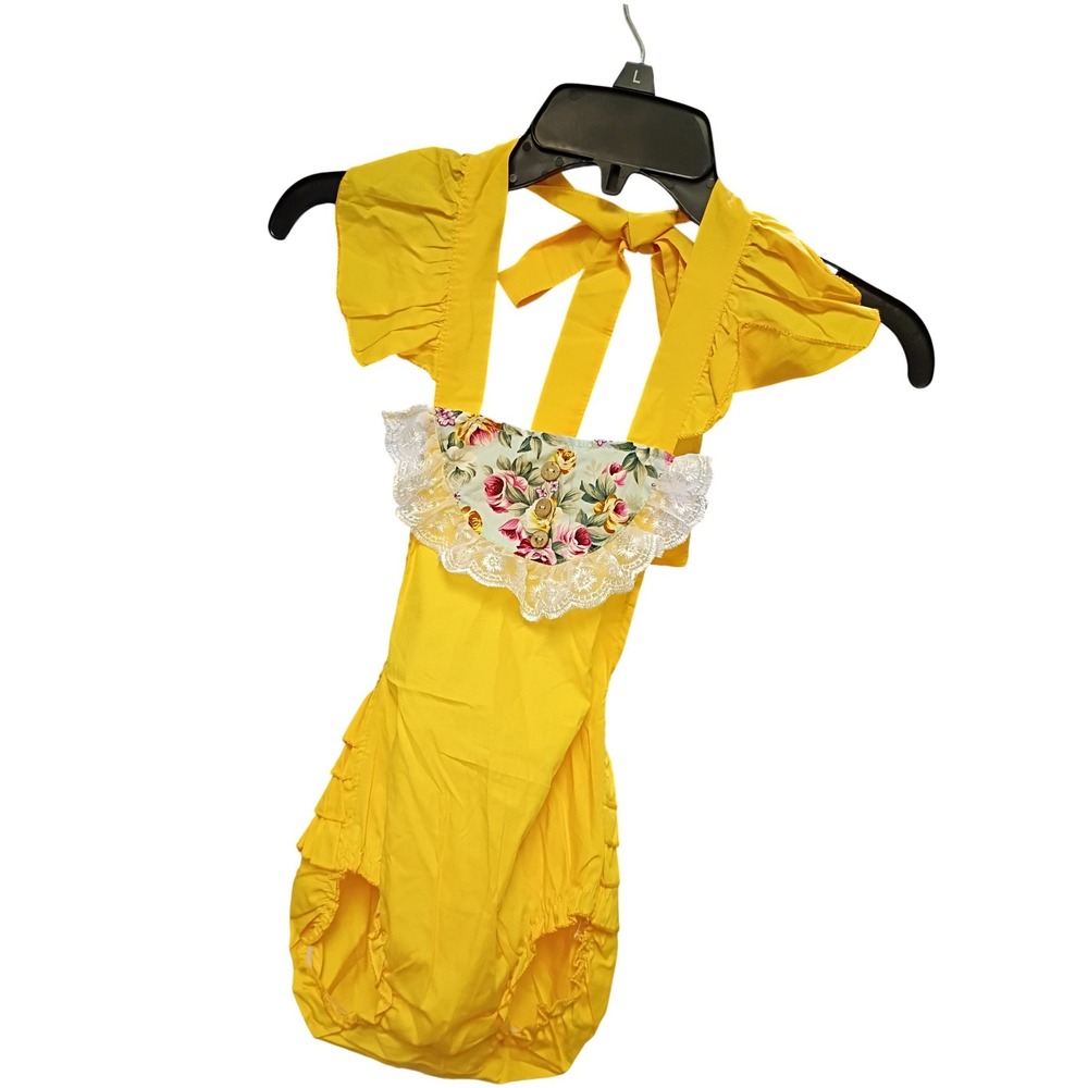 Vintage Style Yellow Ruffle Romper Floral Lace Bib Flutter Sleeve Baby Girl 100